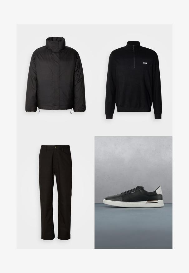 Sort puffers jakke med høj krave, lynlåslukning foran, lange ærmer og elastiske snøre i kanten. Glat, let tekstur.; Sort pullover sweater med halv-zip krave, der har ribbet tekstur på skuldrene og et lille hvidt "BOSS" logo på brystet.; Sorte bomuldsbukser med lige pasform, bæltestropper, lynlås foran og en enkelt knappelukning. Glat tekstur uden synlige mønstre.; Sort lædersneaker med hvid sål, har perforeringer, snørebåndsdesign, logo på siden og kontrasterende hældetalje i hvid og brun.