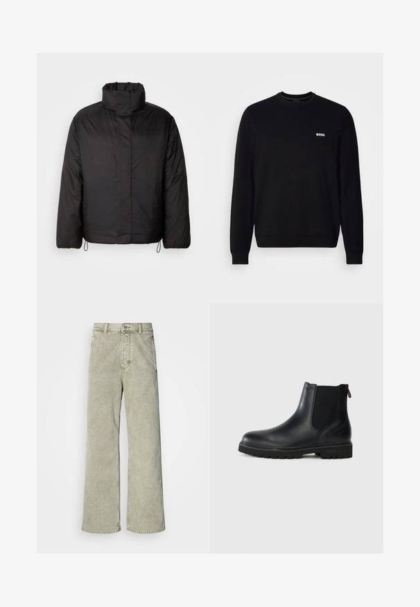 Sort puffers jakke med høj krave, lynlåslukning foran, lange ærmer og elastiske snøre i kanten. Glat, let tekstur.; Sort langærmet crewneck trøje med lille hvid "BOSS" logo på venstre bryst, ribbede manchetter og bund, præsenteret mod en hvid baggrund.; Lys grøn brede jeans med høj talje, lavet af denim, med knaplukning og klassisk fem-lommer design.; Sorte læder ankelstøvler med elastiske sidepaneler, rund tå og en robust gummisål med dybe riller for bedre greb.