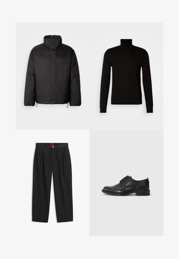 Sort puffers jakke med høj krave, lynlåslukning foran, lange ærmer og elastiske snøre i kanten. Glat, let tekstur.; Sort turtleneck sweater lavet af et fint strikket stof, der har lange ærmer og en tætsiddende silhuet. Glat tekstur med ribbede manchetter.; Sorte bukser med høj talje med forreste læg, bæltestropper, knap og lynlås lukning samt en rød label indeni linningen.; Sorte læder oxford sko med en glat overflade, snørebånddesignet, rund tå og en lav stablet hæl. Har en kontrastfarvet rød trækflap.