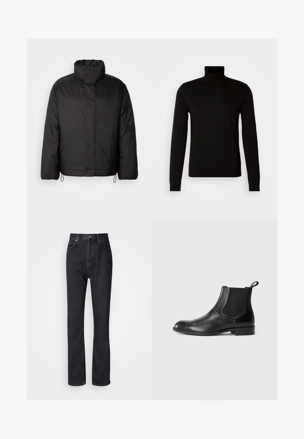 Sort puffers jakke med høj krave, lynlåslukning foran, lange ærmer og elastiske snøre i kanten. Glat, let tekstur.; Sort turtleneck sweater lavet af et fint strikket stof, der har lange ærmer og en tætsiddende silhuet. Glat tekstur med ribbede manchetter.; Høj talje sorte denim jeans med knap- og lynlåsåbning, for- og baglommer samt lige ben.; Sorte læder ankelstøvler med elastiske sidepaneler, rund tå og en trækloft. Glat tekstur, flad sål, minimalistisk design.