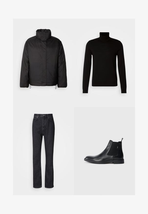 Sort puffers jakke med høj krave, lynlåslukning foran, lange ærmer og elastiske snøre i kanten. Glat, let tekstur.; Sort turtleneck sweater lavet af et fint strikket stof, der har lange ærmer og en tætsiddende silhuet. Glat tekstur med ribbede manchetter.; Høj talje sorte denim jeans med knap- og lynlåsåbning, for- og baglommer samt lige ben.; Sorte læder Chelsea støvler med elastiske sidepaneler, en pull-tab og en flad gummisål. Glat tekstur med minimal detaljer.