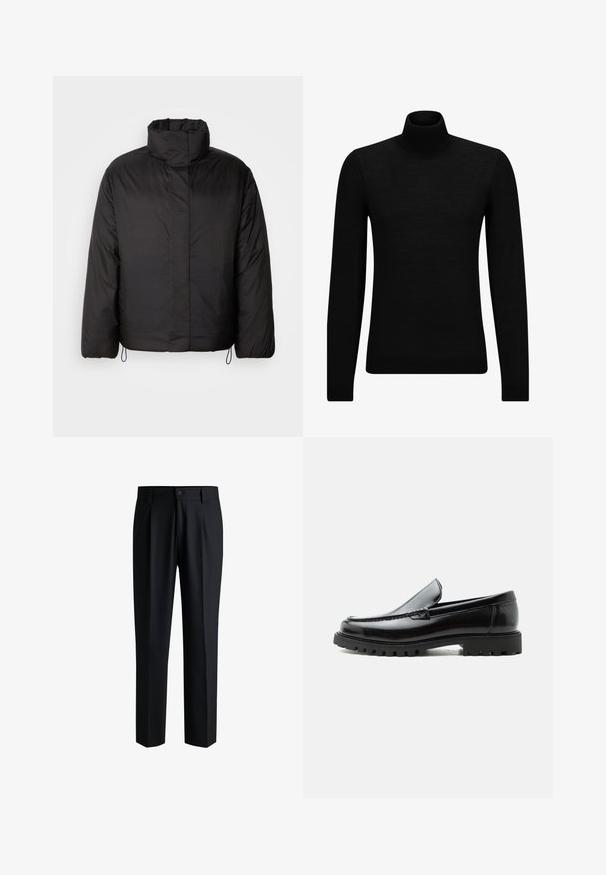 Sort puffers jakke med høj krave, lynlåslukning foran, lange ærmer og elastiske snøre i kanten. Glat, let tekstur.; Sort turtleneck sweater lavet af blødt materiale, med lange ærmer og en tætsiddende pasform. Ribbet trim ved kanten og manchetter. Simpelt design.; Sorte bukser lavet af glat stof, med lige ben-design, plisseringer foran og knaplukning med bæltestropper.; Sort læderloafer med chunky gummisål, syet overdel og præget mærkenavn på hælen, vist i sideprofil på hvid baggrund.