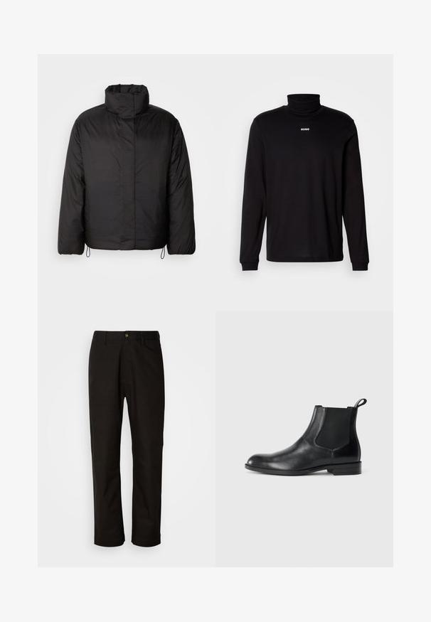 Schwarze Daunenjacke mit hohem Kragen, Reißverschluss vorne, langen Ärmeln und elastischen Kordeln am Saum. Glatte, leichte Textur.; Schwarzes Langarm-Turtleneck-Shirt aus glattem Stoff, mit einem weißen "HUGO"-Logo auf der Brust, eng anliegend an den Bündchen und dem Saum.; Schwarze Baumwollhosen mit geradem Schnitt, Gürtelschlaufen, einem Reißverschluss vorne und einem einzelnen Knopfverschluss. Glatte Textur ohne sichtbare Muster.; Schwarze Leder-Stiefelette mit elastischen Seiteneinsätzen, abgerundeter Zehenpartie und einem Zugschlauf. Glatte Textur, flache Sohle, minimalistisches Design.