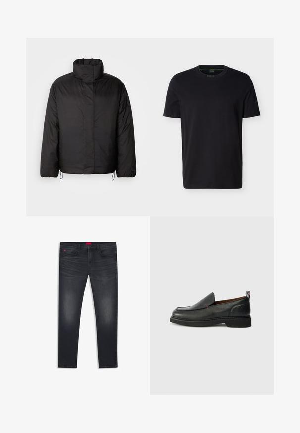 Sort puffers jakke med høj krave, lynlåslukning foran, lange ærmer og elastiske snøre i kanten. Glat, let tekstur.; Sort kortærmet T-shirt med rund hals og en lille grøn "BOSS"-label inde i kraven.; Mørkeblå denimjeans med lige snit, udstyret med fem lommer, diskret falming og en rød logoetiket på taljen.; Sorte læder slip-on sko med rund tå, struktureret overdel, kontrasterende rød syning og lav hæl. Funktioner en løkke pull tab.