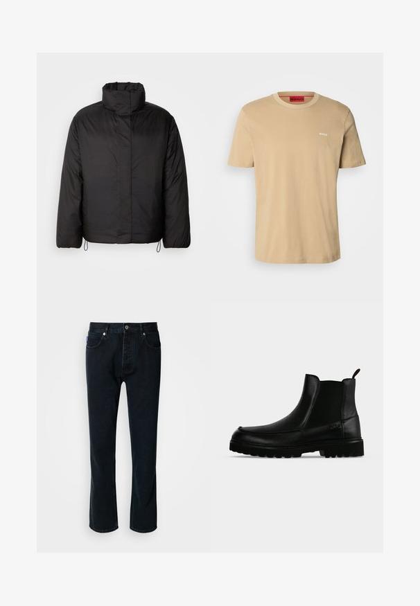 Sort puffers jakke med høj krave, lynlåslukning foran, lange ærmer og elastiske snøre i kanten. Glat, let tekstur.; Beige bomulds t-shirt med rund halsudskæring, korte ærmer og et lille hvidt "HUGO" logo på brystet. Glat tekstur uden mønstre.; HUGO JONAH - Jeans Straight Leg - dark blue; Sort læderankelstøvle med tekstureret sål, elastiske sidepaneler og træksnor på en lysegrå baggrund.
