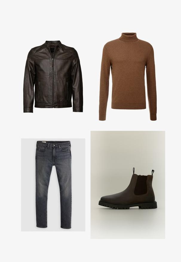 JCC Læderjakker - brown; Brun rullekrave trøje lavet af blødt stof, med lange ærmer, ribbede manchetter og en tætsiddende design uden synlige mønstre.; Mørke denim jeans med et lige ben design, der har lynlås, bæltestropper og et falmet udseende. Klassisk 5-lommer stil med kobberdetaljer.; Mørkebrune læder Chelsea-støvler med sort elastisk sidepanel, sorte trækstropper og tyk sort sål med slidmønster på en neutral baggrund.