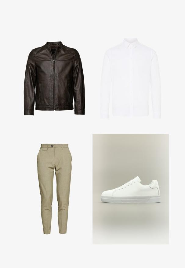 JCC Læderjakker - brown; Hvid langærmet skjorte med knap-krave, lavet af glat stof. Har frontlukning med knapper og lige kant.; Lindbergh CLUB PANTS - Chino - army; Hvid lavtop sneaker med snørelukning foran, polstret krave og tekstureret gummisål, vist i sidelayout på neutral baggrund.