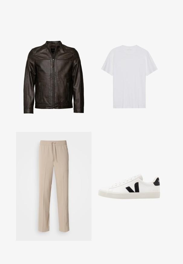JCC Læderjakker - brown; Hvid bomulds T-shirt med korte ærmer, rund hals og en glat tekstur. Har minimal branding på halsudskæringen.; Beige, afslappede bukser lavet af blødt materiale, med elastisk talje og snøre samt lige ben med minimale detaljer.; Hvide lædersneakers med sorte ruskindsdetaljer; har en gummisål, rund tå og klassisk snørebåndsdesign. Side logo i sort.