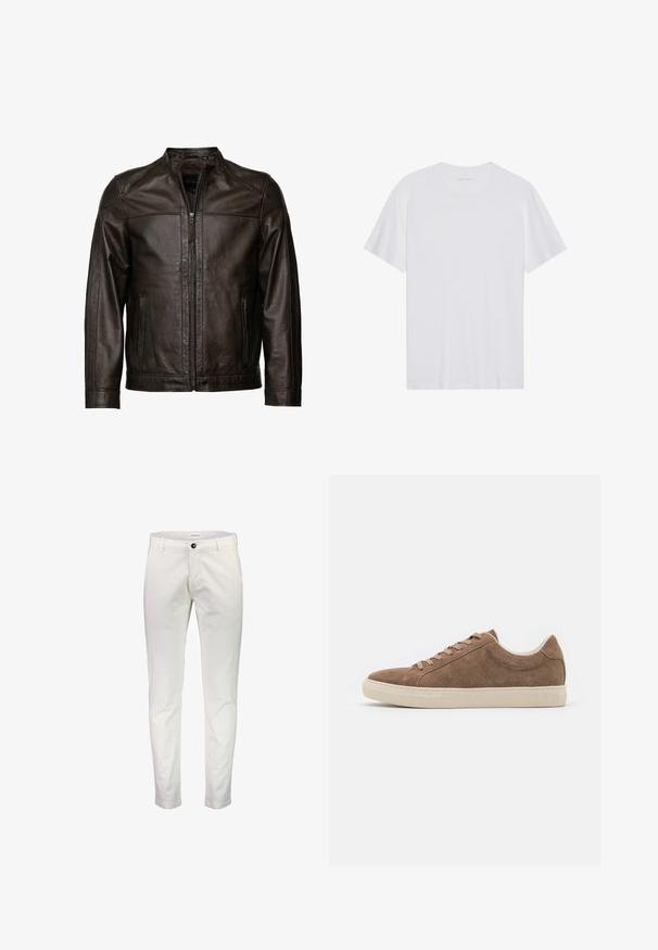 JCC Læderjakker - brown; Hvid bomulds T-shirt med korte ærmer, rund hals og en glat tekstur. Har minimal branding på halsudskæringen.; Hvide bomuldsbukser med slim fit, der har en frontknaplukning, bæltestropper og en glat tekstur. Ingen synlige mønstre eller accenter.; Brune ruskind casual sneakers med lav profil, flad beige gummisål og seks snørehuller. Rund toe og minimalistisk design.