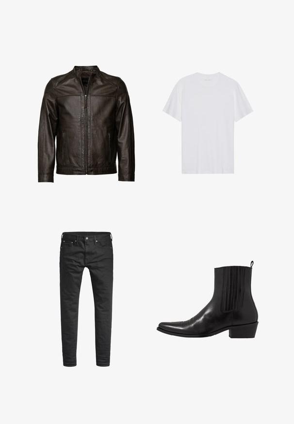 JCC Leren jas - brown; Witte katoenen T-shirt met korte mouwen, een ronde hals en een gladde textuur. Heeft minimale branding op de halslijn.; Zwarte slim-fit jeans met voorzakken, riemlussen en een knoopsluiting, weergegeven tegen een witte achtergrond.; Zwarte leren enkellaarzen met een spitse neus, elastische zijpanele, verticale stiksels en een lage blokhak.