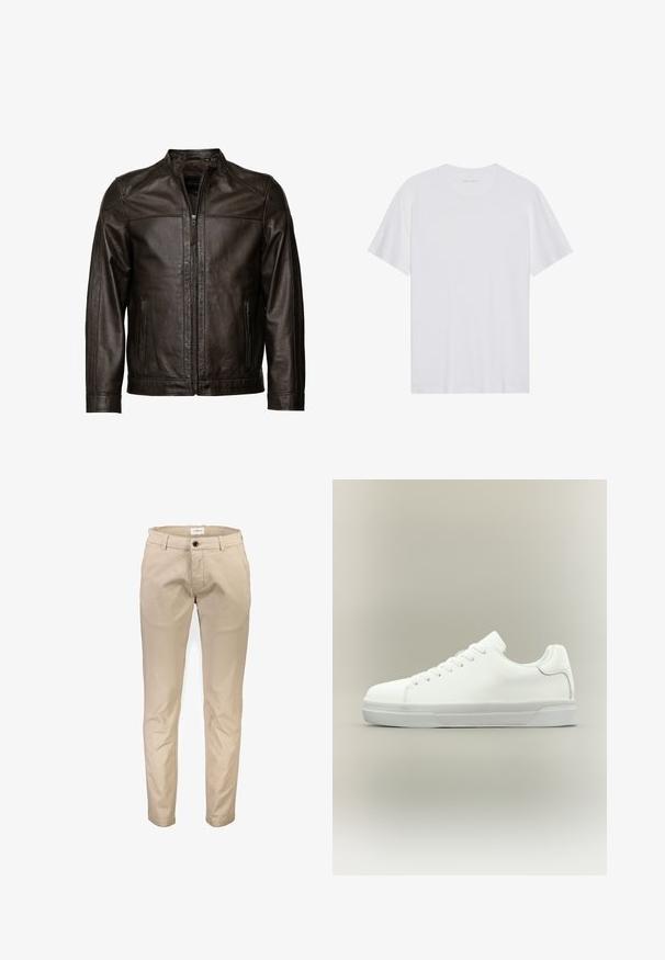 JCC Leren jas - brown; Witte katoenen T-shirt met korte mouwen, een ronde hals en een gladde textuur. Heeft minimale branding op de halslijn.; Beige katoenen broek met een rechte pijp, voorzien van voorzakken, een ritssluiting en een enkele knoopsluiting. Gladde textuur, zonder patronen.; Witte lage sneaker met veters aan de voorkant, gevoerde kraag en gerubberde zool met textuur, zijaanzicht op een neutrale achtergrond.