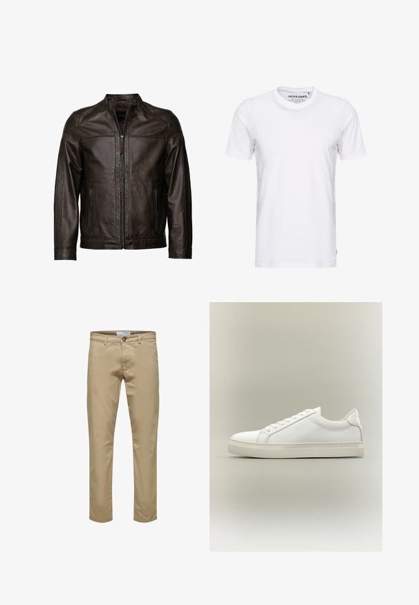 JCC Leren jas - brown; Witte korte mouwen t-shirt van katoen, met een ronde hals en een eenvoudig ontwerp. Merktag zichtbaar op het nekgebied. Geen patronen of accenten.; Beige slim-fit broek met knoop- en ritssluiting, riemlussen en voorzakken, getoond op een witte achtergrond.; Witte lage sneaker met veters aan de voorkant en dikke zool, zijaanzicht tegen een neutrale achtergrond.