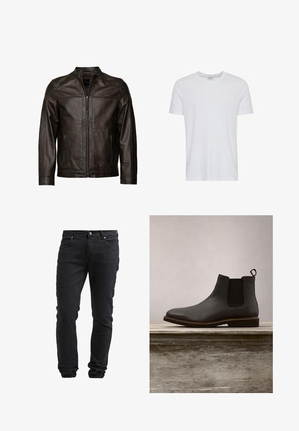JCC Læderjakker - brown; Plain hvid kortærmet t-shirt med rund hals, vist på en hvid baggrund, med et lille nakke-label, der viser mærket “Solid”.; Sorte slim-fit jeans med knap- og lynlås-lukning, fem lommer og elastiske manchetter ved anklerne.; Sorte læder Chelsea støvler med elastiske sidepaneler og rund tå, der har en tekstureret sål og diskrete syninger, hævet over en træoverflade.