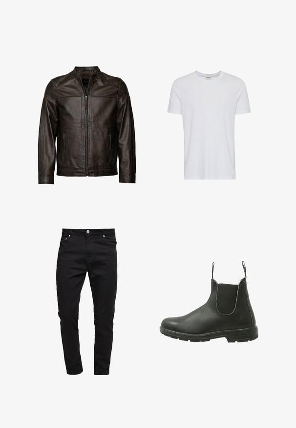 JCC Læderjakker - brown; Plain hvid kortærmet t-shirt med rund hals, vist på en hvid baggrund, med et lille nakke-label, der viser mærket “Solid”.; Sorte jeans lavet af denimstof, slim fit design, fem-lomme stil, metal knaplukning, med syninger og en glat tekstur.; Sorte læder Chelsea-støvler med elastiske sidelapper, rund tå og struktureret gummisål, designet til nem påtagning.