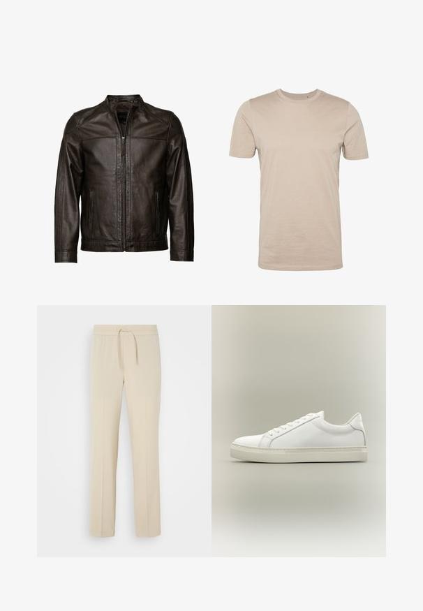 JCC Læderjakker - brown; Beige bomulds t-shirt, korte ærmer, rund hals, glat tekstur, sømløst design, letvægtsstof, ingen synlige logoer eller mønstre.; Beige, elastisk taljebukser med snoretræk. Har lige ben og en glat tekstur, velegnet til afslappet brug eller afslapning.; Hvid lavtop sneaker med snørebånd foran og tyk sål, vist fra siden mod en neutral baggrund.