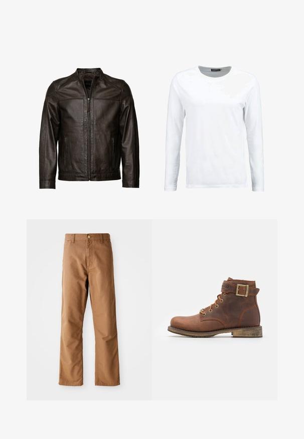 JCC Læderjakker - brown; Hvid langærmet t-shirt lavet af bomuld, med rund hals og en glat tekstur. Ingen mønstre eller detaljer. Enkel design.; Brune lige ben bukser med bæltestropper, forlommer, knaplukning og lynlåsgylp på hvid baggrund.; Harley Davidson VNTGMOTO SHORT RIDING APPROVED - Cowboy- / bikerstøvlette - brown