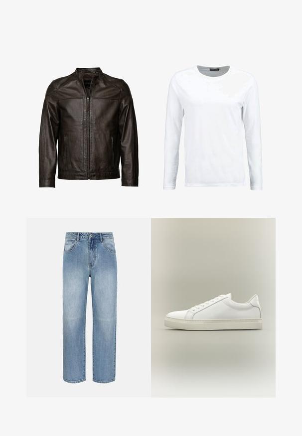 JCC Læderjakker - brown; Hvid langærmet t-shirt lavet af bomuld, med rund hals og en glat tekstur. Ingen mønstre eller detaljer. Enkel design.; Lyseblå, lige ben jeans med frontknap, lynlåslukning, bæltestropper og forlommer på en hvid baggrund.; Hvid lavtop sneaker med snørebånd foran og tyk sål, vist fra siden mod en neutral baggrund.
