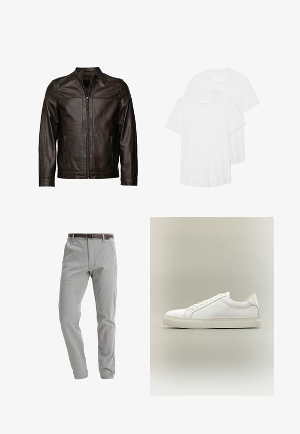 JCC Leren jas - brown; Twee witte T-shirts met korte mouwen van katoen, met een ronde halslijn, zachte textuur en een eenvoudig, onopgesmukt ontwerp.; Lichtgrijze broek van zacht materiaal, met een recht gesneden ontwerp, voorzakken en een bruine leren riem voor het sluiting.; Witte lage sneaker met veters aan de voorkant en dikke zool, zijaanzicht tegen een neutrale achtergrond.