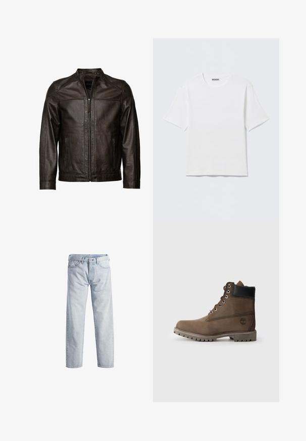 JCC Læderjakker - brown; Hvid, kortærmet t-shirt med rund hals og et lille "WEEKDAY"-mærke på indersiden af bagkraven, vist på en flad overflade.; Lys blå denim jeans med lige ben, knaplukning, fem lommer og subtilt falmet tekstur. Har metal hardware detaljer.; Brune læder ankelstøvle med sort krave, metaløjer og slidstærk grå sål. Har logo på siden og syet detaljer.