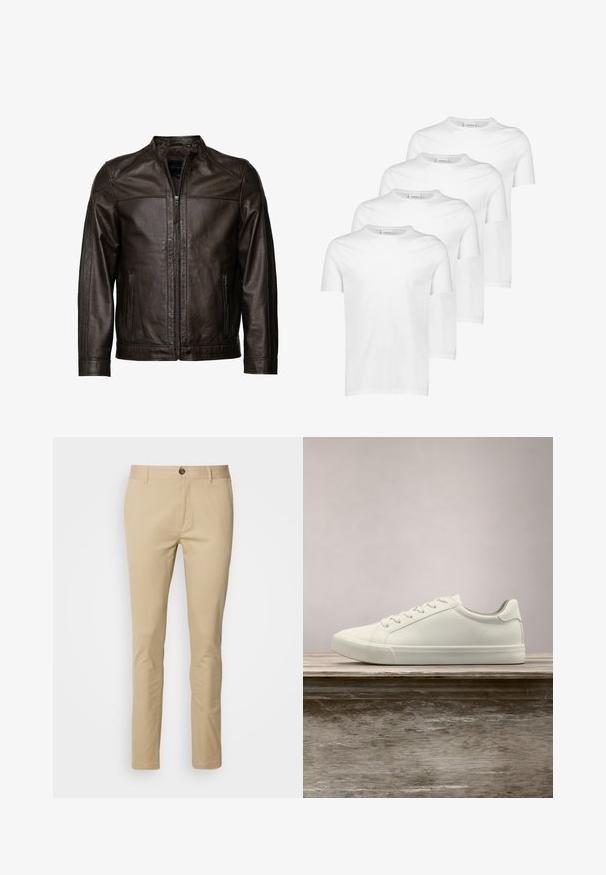 JCC Læderjakker - brown; Hvide bomulds T-shirts, kortærmede, rund halsudskæring, glat tekstur, stableret i fire stykker med ensartet design uden mønstre eller accenter.; Beige chinos med slim fit, lavet af bomuld. Har en knaplukning, bæltestropper og diskrete syninger på lommerne.; Hvide snørresneakers svævende over en træbænk med grønne planter i baggrunden, der fremhæver skodesign og tekstur.