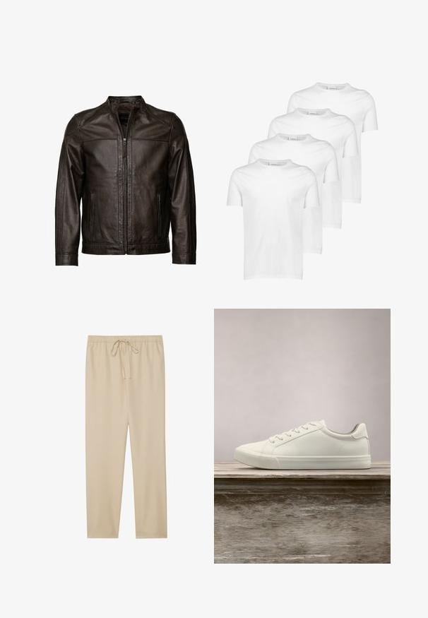 JCC Leren jas - brown; Witte katoenen T-shirts, korte mouwen, ronde halslijn, gladde textuur, vier stuks gestapeld met een consistent ontwerp en zonder patronen of accenten.; Beige, lichte broek met een elastische tailleband en een koord. Rechtafstaand ontwerp; een gladde textuur zonder patronen of versieringen.; Witte vetersneaker die boven een houten bank zweeft met groene bladeren op de achtergrond, waarbij het ontwerp en de textuur van de schoen worden getoond.