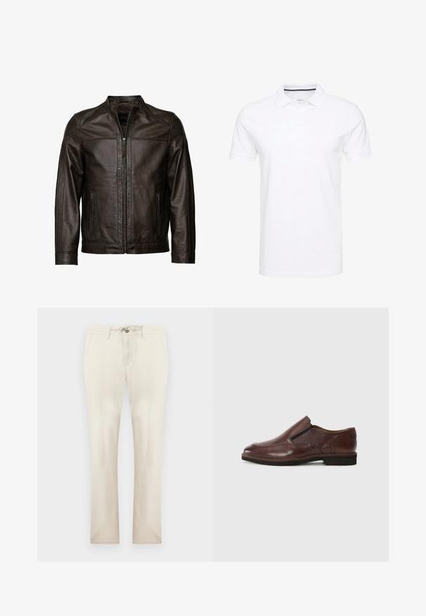 JCC Leren jas - brown; Witte polo shirt van katoen, met een traditionele kraag, korte mouwen en een drie-knopenlijst met subtiele marineblauwe accenten aan de binnenkant.; Beige casual broek met voorzakken, ritssluiting en taillekoord, rechte pijp pasvorm, weergegeven op een effen achtergrond.; Bruine leren instapschoen met een ronde neus, elastische zijaccenten en een lage rubberen zool. Bevat subtiele stiksels langs de rand.