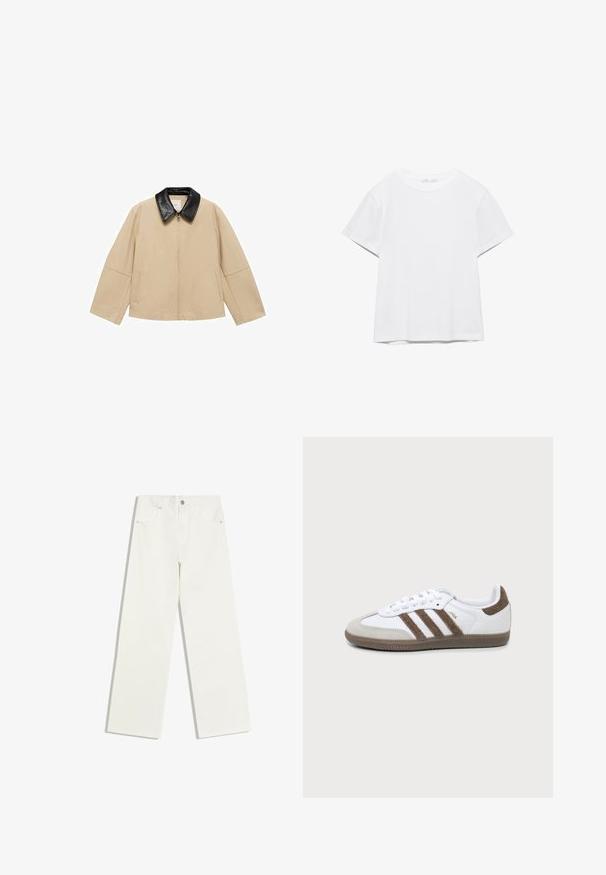Beige jas met een zwarte faux leren kraag, ritsluiting en twee zijzakken; heeft een boxy ontwerp en brede mouwen.; Effen wit T-shirt met korte mouwen en ronde hals, met een rechte zoom, gepresenteerd tegen een witte achtergrond.; Witte jeans met hoge taille en rechte pijpen, met voorzakken en een knoopsluiting op een witte achtergrond.; Witte en bruine Adidas Samba sneaker met drie bruine strepen, veters en een textuurs van boven- tot zool, getoond vanaf de zijkant op een effen achtergrond.