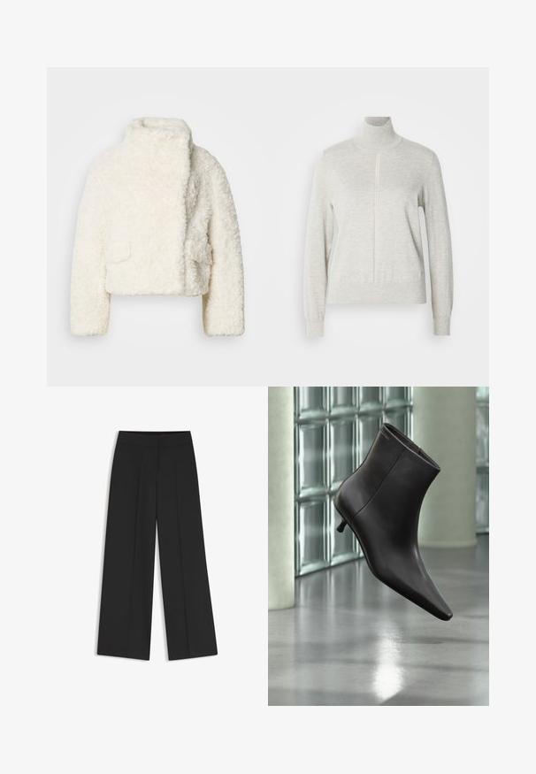 Veste courte en fausse fourrure blanche avec un col haut, surface texturée et deux poches avant. Présente une coupe décontractée et un tissu doux.; Pull léger gris avec un col haut et une fermeture éclair quart. Fabriqué à partir d'un matériau doux et texturé, il présente des manches longues et un ourlet ajusté.; Pantalon habillé noir à jambes larges avec une ceinture plate et un pli frontal marqué, présenté sur fond blanc.; Bottine en cuir noir avec bout pointu et petit talon, présentée devant un mur en blocs de verre et un sol poli.