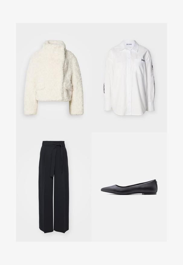 Veste courte en fausse fourrure blanche avec un col haut, surface texturée et deux poches avant. Présente une coupe décontractée et un tissu doux.; Chemise blanche à manches longues avec col, poche avant, et étiquette noire "DKNY JEANS" sur la poche et les manches.; Pantalons noirs à jambes larges en tissu doux. Dotés d'une taille ceinturée et de plis avant. Texture lisse avec un design épuré et contemporain.; Chaussure plate en cuir noire à bout pointu avec petit talon, vue de profil sur fond blanc.
