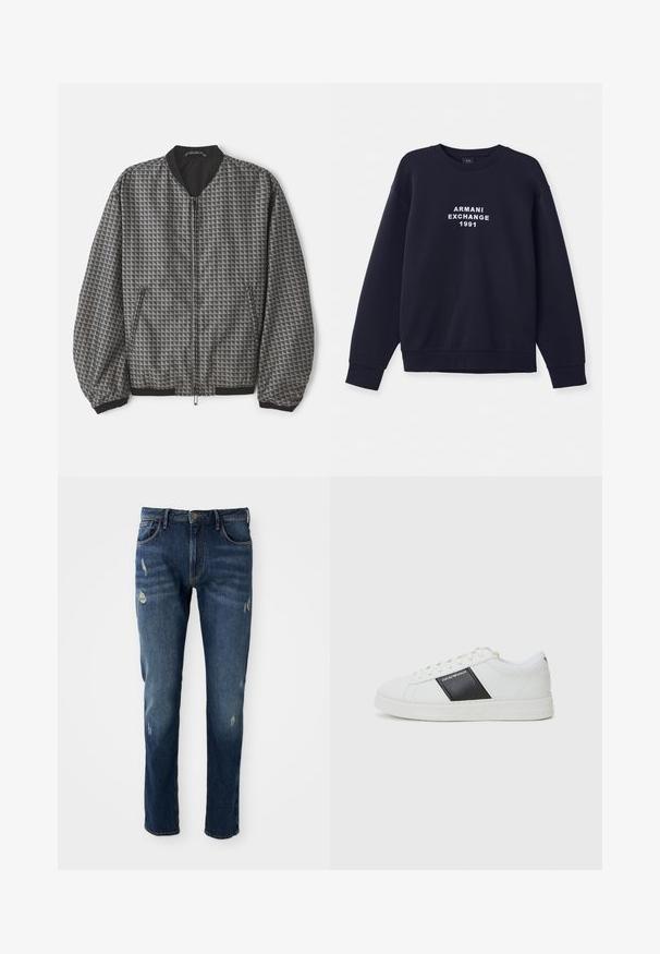 Struktureret bomberjakke i grå med et geometrisk mønster. Har lynlås foran, sort krave samt elastiske manchetter og bund.; Marineblå sweatshirt med lange ærmer, rund hals og ribbede manchetter. Har hvidt "ARMANI EXCHANGE 1991" logo trykt på forsiden.; Mørkeblå denimjeans med slim fit, let slid på lår og knæ, klassisk fem-lomme design og knaplukning.; Hvide lædersneakers med sort accentstribe, rund tå, snørelukning, tekstureret panel og en flad gummisål.