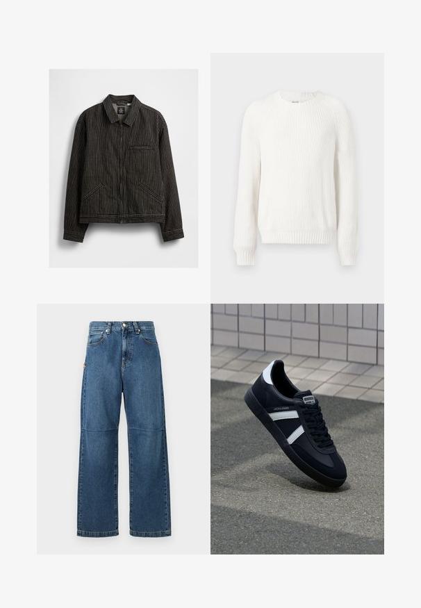 Zwarte zip-up jas met witte verticale streepjes, met een kraag, twee zijkentasjes en een borstzak met bies.; Witte geribbelde trui met een ronde halslijn, verlaagde schouders en lange mouwen. Bevat een textuurstof en heeft een rechte zoom.; Blauwe denim jeans met een relaxte pasvorm, rechte pijpen, zichtbare stiksels en een sluiting met een voorste knop. Heeft een zijzak met een accent.; Zwarte leren sneaker met witte strepen, een gestructureerde rubberen zool en vetersluiting aan de voorkant. Voorzien van een merklabel op de tong.