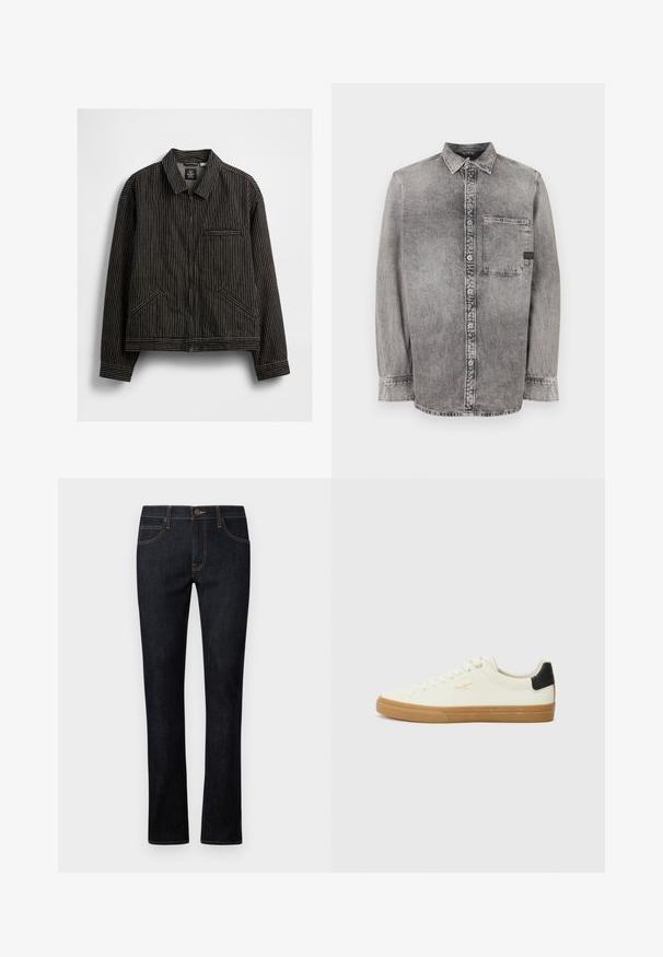 Zwarte zip-up jas met witte verticale streepjes, met een kraag, twee zijkentasjes en een borstzak met bies.; Grijze denim knopsluiting overhemd, lange mouwen, stof van gemiddelde dikte, enkele borstzak, vervaagde afwerking met contrasterende knopen, klassieke kraag.; Donkerblauwe denim jeans met een recht model, voorzien van oranje stiksels, een vijf-pocket ontwerp en een sluiting met een knoop aan de voorkant.; Witte canvas sneaker met een gum rubberen zool, zwart accent op de hiel, ronde neus en vetersluiting. Bevat het merlogo in goud aan de zijkant.