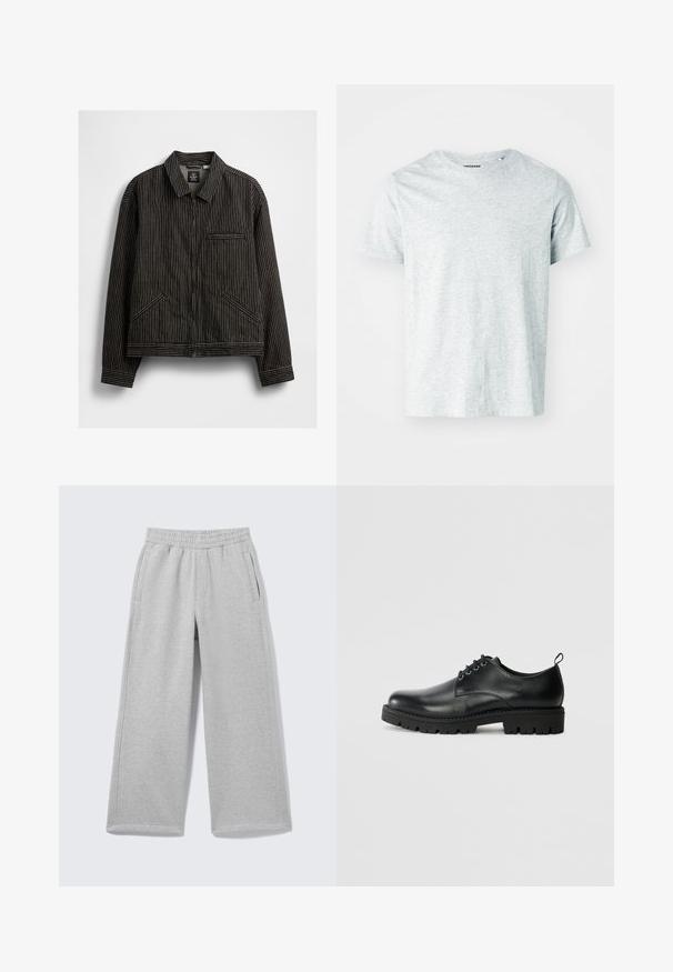 Zwarte zip-up jas met witte verticale streepjes, met een kraag, twee zijkentasjes en een borstzak met bies.; Lichtgrijze, korte mouwen t-shirt van zacht stof, met een ronde hals en een iets relaxte fit. Geen zichtbare patronen of graphics.; Lichtgrijze sweatpants met wijde pijpen, elastische tailleband en zijzakken, weergegeven op een effen achtergrond.; Zwarte lederen schoen met een ronde neus, voorzien van een vetersluiting, stevige zwarte rubberen zool en een klein hieltabje aan de achterkant.