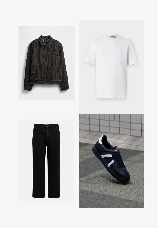 Zwarte zip-up jas met witte verticale streepjes, met een kraag, twee zijkentasjes en een borstzak met bies.; Wit T-shirt met korte mouwen, wafelstructuur en ronde hals, met een klein merkembleem aan de binnenkant van de kraag, afgebeeld op een effen achtergrond.; Zwarte denim broeken met een rechte pijp, klassieke vijf-pocket structuur en een knoopsluiting in de taille. Glad materiaal en duurzame stof.; Zwarte leren sneaker met witte strepen, een gestructureerde rubberen zool en vetersluiting aan de voorkant. Voorzien van een merklabel op de tong.
