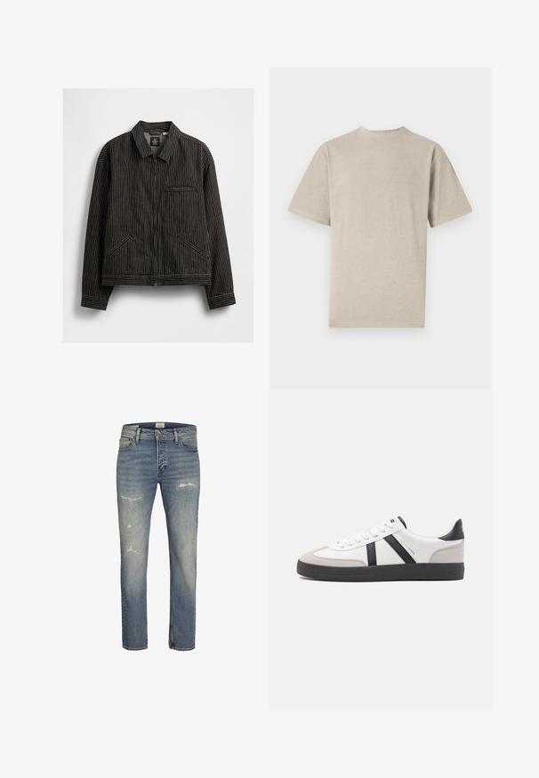 Zwarte zip-up jas met witte verticale streepjes, met een kraag, twee zijkentasjes en een borstzak met bies.; Korte mouwen t-shirt in licht beige met een ronde hals, gemaakt van zacht materiaal, met een gladde textuur en een eenvoudig ontwerp zonder graphics.; Lichtblauwe denim jeans met een recht beenontwerp, versleten details aan de voorkant en een klassieke vijf-pocketstijl met een rits.; Witte sneaker met zwarte en grijze accenten, voorzien van een grijze neus met textuur, zwarte rubberen zool en platte witte veters. Schoon ontwerp, minimalistische stijl.