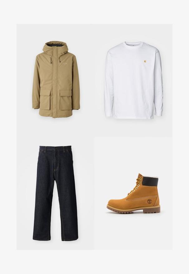 Veste imperméable kaki avec capuche, fermeture éclair, deux poches avant et poignets élastiques. Présence d'un logo sur la partie supérieure gauche de la poitrine.; T-shirt à manches longues blanc en coton. Présente un petit logo doré sur la poitrine et un col rond. Design simple et coupe standard.; Pantalon en denim bleu foncé avec une coupe droite, présentant des coutures jaunes, des poches avant et une fermeture par bouton à la taille.; Bottine en cuir brun avec œillets en métal, doublure en fourrure blanche, col rembourré noir, semelle robuste et logo en relief sur le côté.