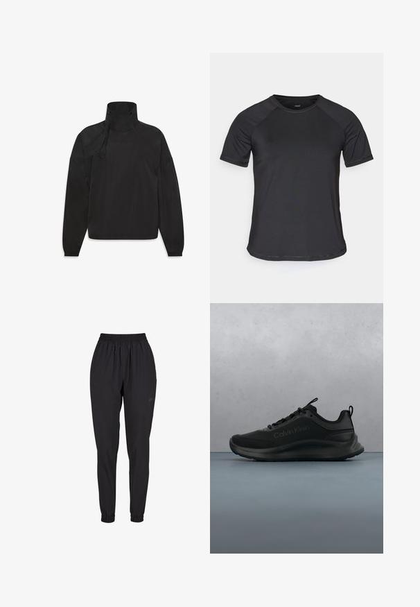 Veste légère noire avec un col haut, fermeture éclair, poignets élastiques et logo sur le devant, fabriquée en matériau lisse et résistant à l'eau.; T-shirt de sport noir à manches courtes avec des manches raglan, texture lisse et col rond. Présente des coutures cousues et une coupe décontractée.; Pantalons noirs à taille élastique avec des poignets froncés, au design droit, fabriqués à partir d'un matériau léger, avec un logo subtil sur le côté.; Baskets noires Calvin Klein à semelle épaisse flottant au-dessus de dalles en bois avec de petits cailloux, mur flou et végétation en arrière-plan.