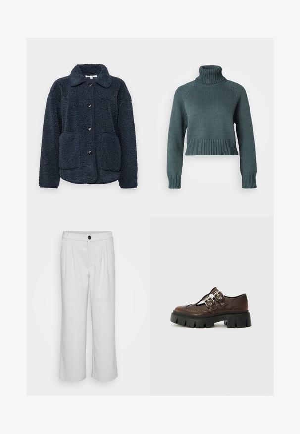 Dunkelblaues Fleece-Jackett aus strukturiertem Stoff, mit Knopfverschluss, spitzem Kragen und zwei Fronttaschen. Entworfen für Wärme und Komfort.; Vero Moda Petite VMMIRANDA - Strickpullover - balsam green; Weiße, weit geschnittene Hosen aus glattem Stoff, mit einem gefalteten vorderen Bereich und einem elastischen Taillenbund mit einem Knopfverschluss.; Braune Lederschuhe mit Ausschnittdesign, doppelten silbernen Schnallen, schwarzer klobiger Sohle und Broguedetails entlang der Kanten.
