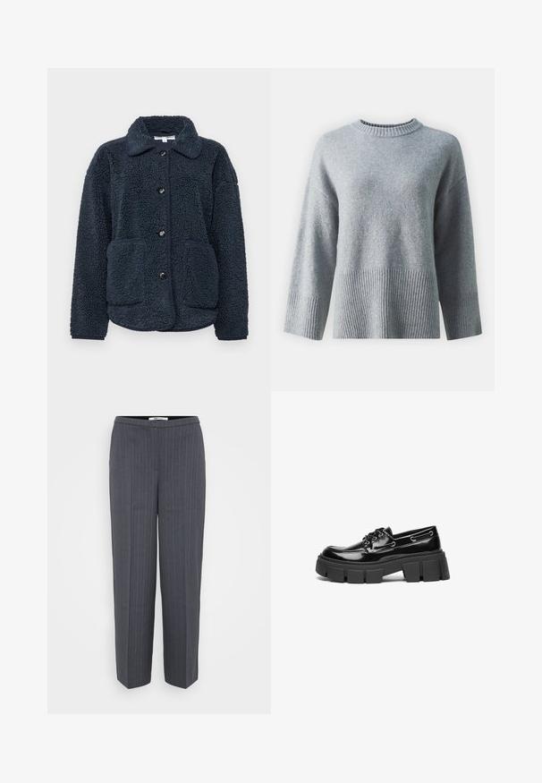 Chaqueta de forro polar azul marino con un tejido texturizado, cierre de botones, cuello con puntas y dos bolsillos frontales. Diseñada para ofrecer calidez y comodidad.; Suéter gris con cuello redondo, que cuenta con un dobladillo y puños de canalé texturizados, hecho de una tela suave con un acabado liso.; Pantalones de sastre a rayas gris oscuro con piernas rectas y cintura alta, presentados sobre un fondo claro y liso.; Mocasin de charol negro con una suela de plataforma chunky negra y ojales decorativos. Textura suave con punta redondeada y detalle de cordones.