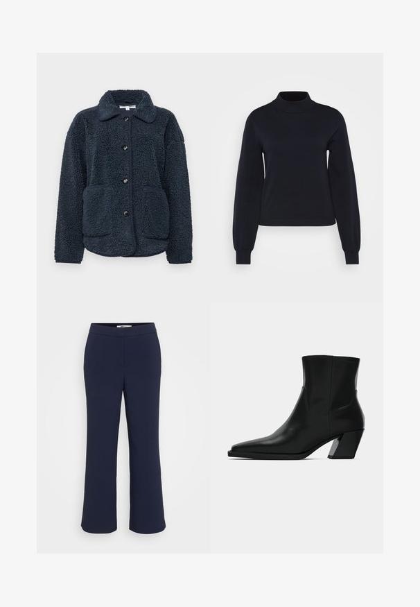 Chaqueta de forro polar azul marino con un tejido texturizado, cierre de botones, cuello con puntas y dos bolsillos frontales. Diseñada para ofrecer calidez y comodidad.; Suéter negro de cuello alto hecho de un suave y elástico tejido de punto. Presenta mangas largas y un diseño ajustado con detalles ribeteados en el cuello y los puños.; Pantalones de campana azul marino con un acabado de tela suave, que presentan una cinturilla plana y sin costuras ni adornos visibles.; Bota de tobillo de cuero negro con punta afilada, una silueta elegante y un tacón cuadrado grueso. Textura suave con detalles de costura mínimos.