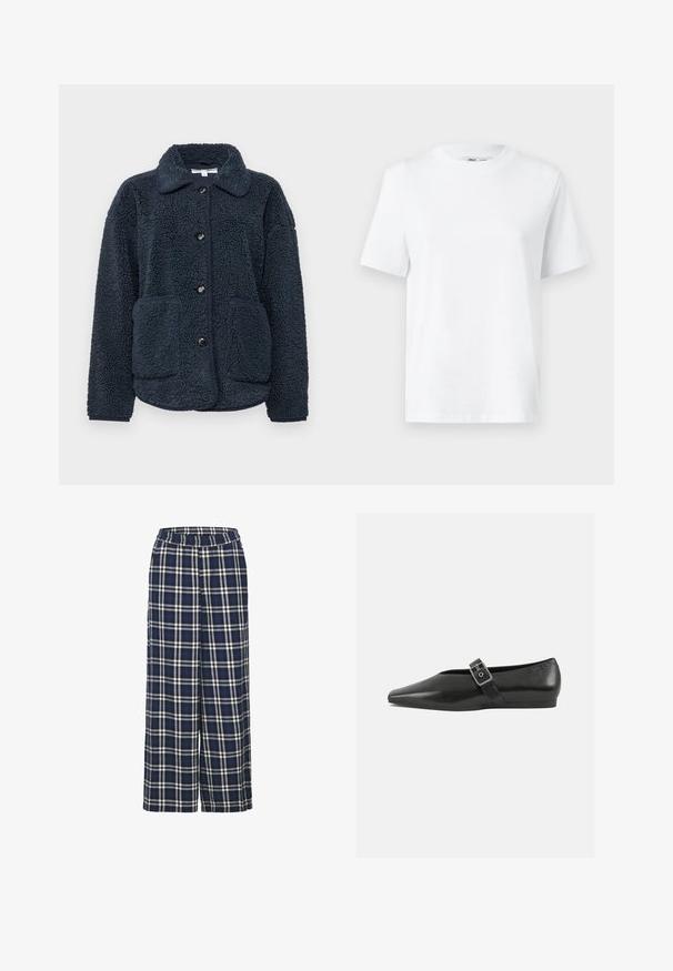 Marineblå fleecejakke med tekstureret stof, knaplukning, spidse krave og to forlommer. Designet til varme og komfort.; Hvid bomulds T-shirt med rund hals, kortærmet og en glat tekstur. Designet med en afslappet pasform for komfort og alsidighed.; Bredde ben-bukser i marineblå tartanmønster med hvide og sorte linjer. Har en elastisk talje og en blød stoftekstur.; Sorte læder flade sko med spidse tæer, prydet med en metallisk spænde over vristen og en lav, fleksibel sål.