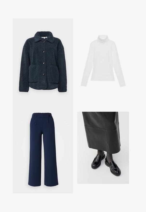 Dunkelblaues Fleece-Jackett aus strukturiertem Stoff, mit Knopfverschluss, spitzem Kragen und zwei Fronttaschen. Entworfen für Wärme und Komfort.; Weißes Langarm-Turtleneck-Oberteil aus glattem, elastischem Stoff. Mit hohem Kragen und tailliertem Schnitt, ohne sichtbare Muster oder Verzierungen.; Marinefarbene, weit geschnittene Hosen aus weichem Stoff; mit flachem Bund, zwei Seiten Taschen und doppeltem Knopfverschluss an der Taille.; Schwarze Lederloafers mit glatter Oberfläche, verziert mit einem dekorativen Riemen, runder Zehenpartie und texturierten Sohlen. Getragen mit einem langen schwarzen Lederrock.