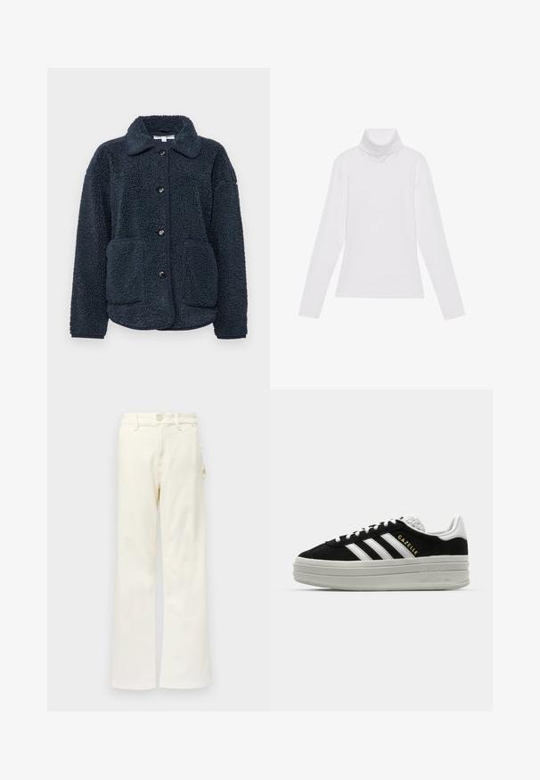 Chaqueta de forro polar azul marino con un tejido texturizado, cierre de botones, cuello con puntas y dos bolsillos frontales. Diseñada para ofrecer calidez y comodidad.; Top blanco de manga larga y cuello alto, confeccionado en una tela suave y elástica. Presenta un diseño ajustado, sin patrones o adornos visibles.; Good American GOOD 90S CARPENTER - Pernera ancha - white denim; Zapatillas negras de ante con detalles en cuero blanco, tres rayas blancas, cordones planos y una gruesa suela de plataforma gris. Marca "Gazelle" en dorado.
