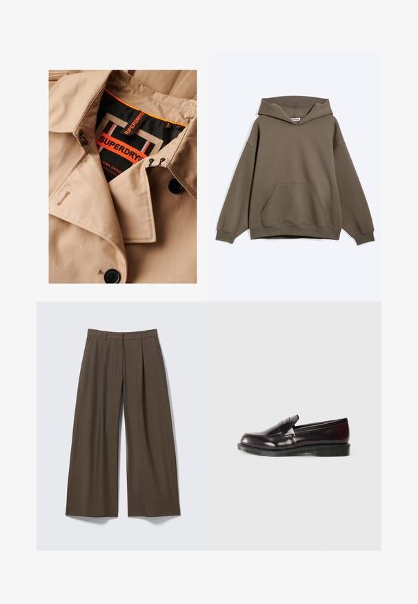 Beige trenchcoat met donkere knopen, dubbele borstsluiting en zwarte kraagvoering. Voorzien van een "SUPERDRY" label in oranje en zwart.; Bruine oversized hoodie met kangaroovak aan de voorkant en geribbelde manchetten, getoond op een effen lichte achtergrond.; Bruine brede pijpen broek met krijtstreep, riemlussen en voorplooien, plat uitgestald op een lichtgrijze achtergrond.; Bordeaux leren loafers met een gladde oppervlakte, een verhoogde randdetail en een rubberen zool. Ontworpen met een ronde neus en minimale hardware.