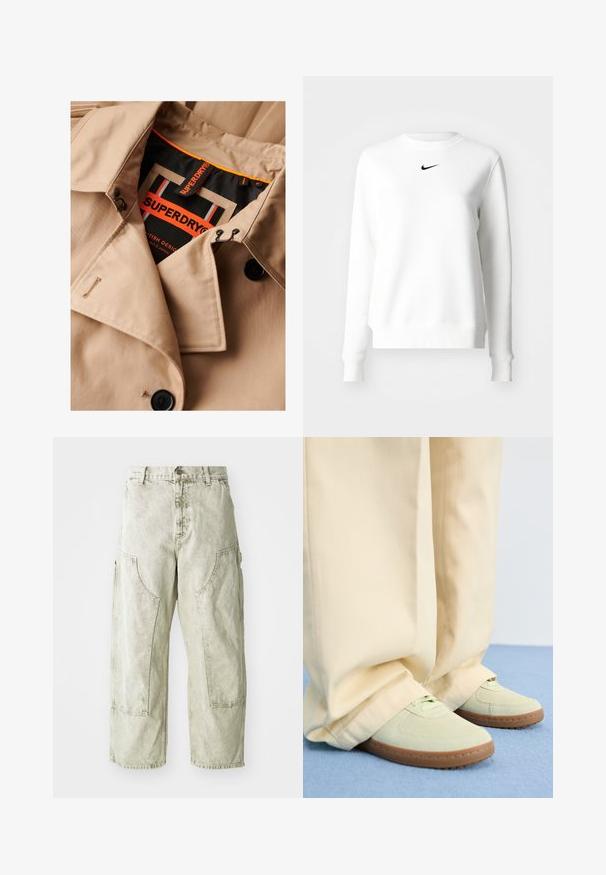 Gabán beige con botones oscuros, diseño de doble botonadura y forro de cuello negro. Presenta una etiqueta "SUPERDRY" en naranja y negro.; Sudadera blanca de tejido suave con cuello y puños acanalados. Presenta un pequeño logo negro de Nike centrado en el pecho.; Pantalones cargo de pierna ancha en verde claro, hechos de denim, con grandes bolsillos laterales, cierre de botón y cremallera, y detalles de costura visibles.; Zapatillas de ante verde con puntas redondeadas y suelas texturizadas, combinadas con pantalones anchos beige, sobre una superficie azul.