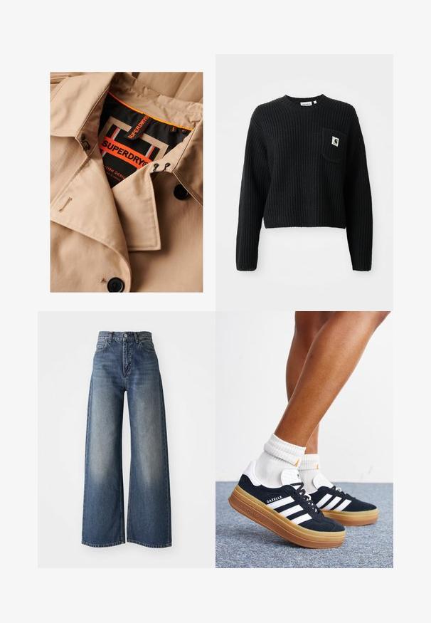 Beige trenchcoat met donkere knopen, dubbele borstsluiting en zwarte kraagvoering. Voorzien van een "SUPERDRY" label in oranje en zwart.; Zwarte geribbelde gebreide trui met een ronde hals, lange mouwen en een voorzak met een klein logopatch. Verkorte lengte.; Blauwe high-waisted wide-leg jeans met een sluiting aan de voorkant en zakken, vervaagde textuur op de bovenbenen en een rechte zoom.; Ben met witte sokken en zwarte Adidas Gazelle sneakers met witte strepen en dikke bruine zolen op een grijs tapijt.