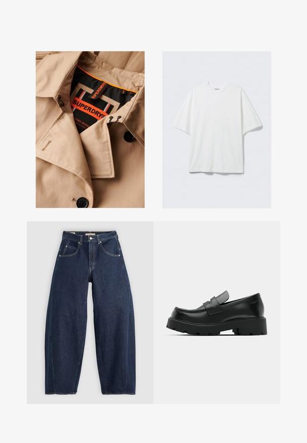 Gabán beige con botones oscuros, diseño de doble botonadura y forro de cuello negro. Presenta una etiqueta "SUPERDRY" en naranja y negro.; Camiseta blanca de algodón de manga corta y corte oversize con cuello redondo y una pequeña etiqueta de la marca en el interior del cuello.; Jeans de mezclilla azul oscuro con un ajuste holgado, costuras claras, cinco bolsillos y un cierre de botón en la cintura.; Mocasines de cuero negro con suela gruesa y texturizada, que presentan una correa sobre el empeine y un acabado suave y pulido.