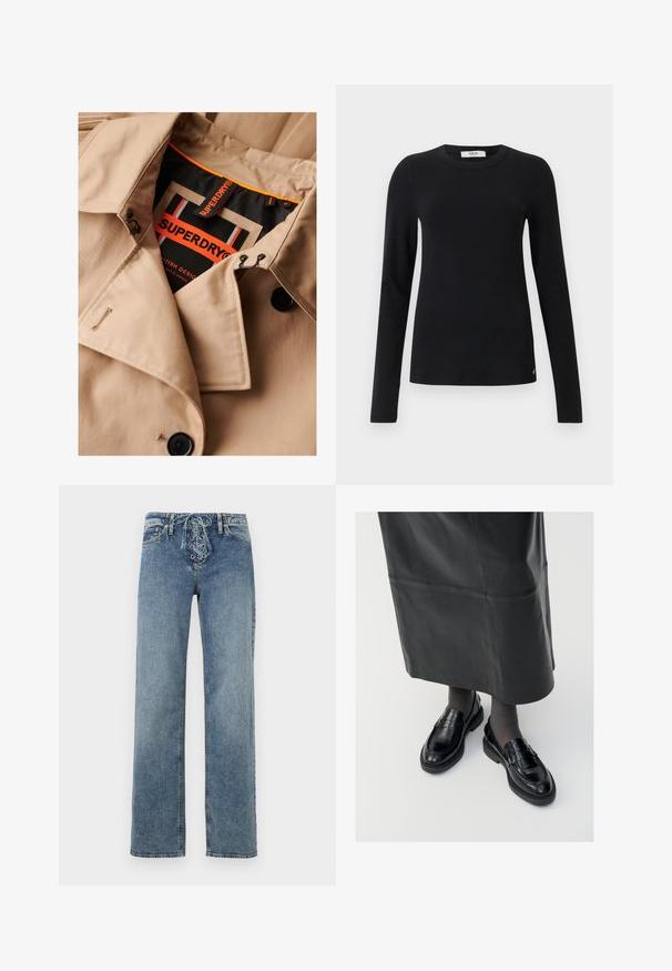Gabán beige con botones oscuros, diseño de doble botonadura y forro de cuello negro. Presenta una etiqueta "SUPERDRY" en naranja y negro.; Top ajustado de manga larga negro con cuello redondo y textura acanalada, con un pequeño logo de Replay en el dobladillo, sobre un fondo blanco.; Jeans de mezclilla azul con piernas rectas y cierre frontal de cordones con ojales metálicos, exhibidos sobre un fondo blanco.; Mocasines de cuero negro con un acabado suave, que presentan una tira decorativa, puntera redonda y suela texturizada. Llevados con una falda larga de cuero negro.