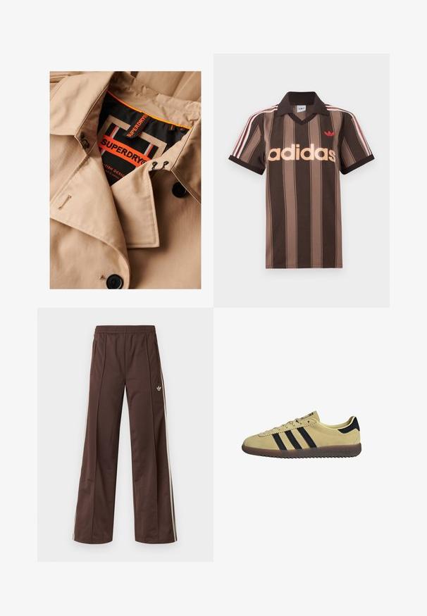 Gabán beige con botones oscuros, diseño de doble botonadura y forro de cuello negro. Presenta una etiqueta "SUPERDRY" en naranja y negro.; Polo Adidas marrón con rayas, cuello en V, cuello burdeos y logo rojo. Presenta rayas blancas y rojas en los hombros, mangas cortas.; Pantalones deportivos marrones con diseño de pierna ancha, franjas laterales blancas, cintura elástica y dos bolsillos laterales. Presentan un pequeño logo en la pierna.; Zapatilla de ante beige con detalles en negro y tres rayas. Presenta una puntera redondeada y una suela de goma con un patrón de agarre texturizado.