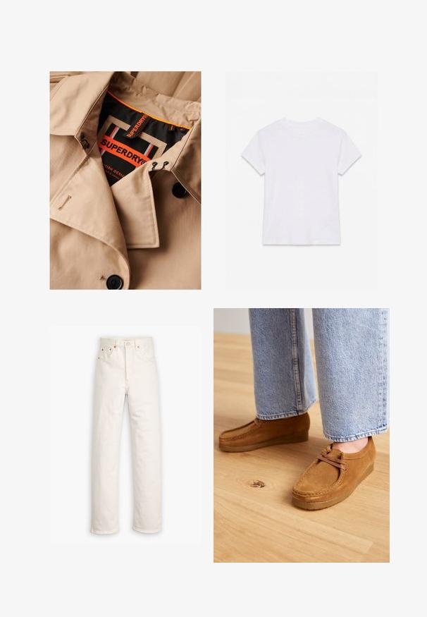 Beige trenchcoat met donkere knopen, dubbele borstsluiting en zwarte kraagvoering. Voorzien van een "SUPERDRY" label in oranje en zwart.; Effen wit katoenen T-shirt met korte mouwen en ronde hals, plat gelegd op een witte achtergrond.; Witte denim jeans met een recht gesneden ontwerp, vijf zakken en koperen hardware accenten. Afgeronde zoom aan de enkels.; Bruine suède schoenen met een ronde neus en een tan rubberen zool, voorzien van een simpel vetersysteem, gecombineerd met lichtblauwe denim broek.